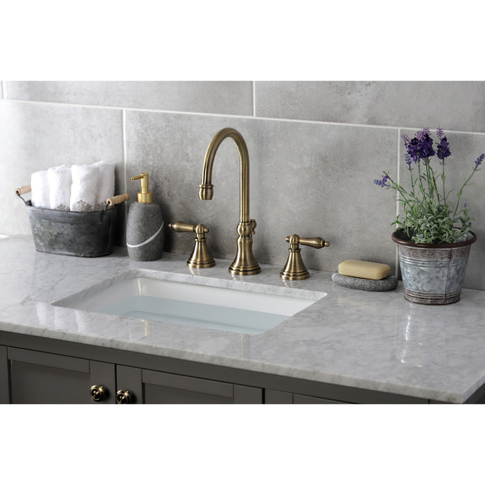 Governor KS2983AL Two-Handle 3-Hole Deck Mount Widespread Bathroom Faucet with Brass Pop-Up, Antique Brass