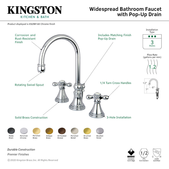 Kingston Tulare KS2983AX - Governor Two-Handle 3-Hole Deck Mount Widespread Bathroom Faucet with Brass Pop-Up, Antique Brass