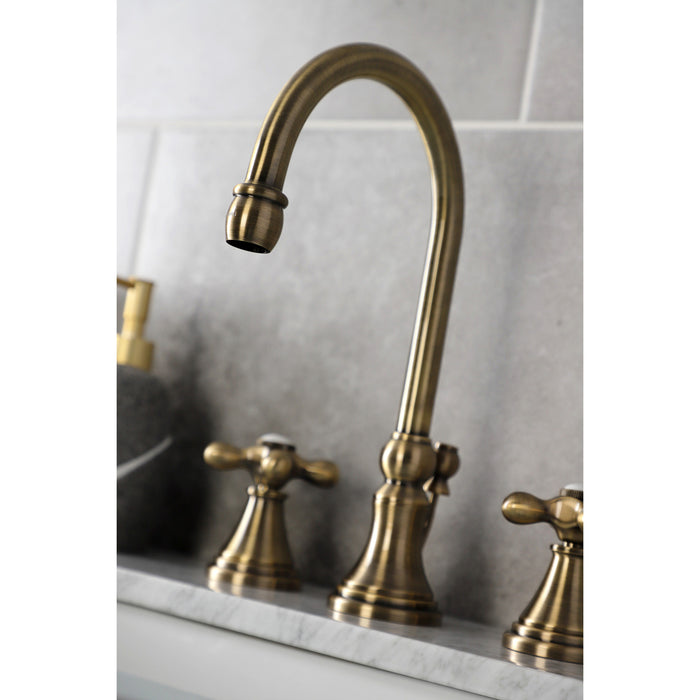 Kingston Tulare KS2983AX - Governor Two-Handle 3-Hole Deck Mount Widespread Bathroom Faucet with Brass Pop-Up, Antique Brass