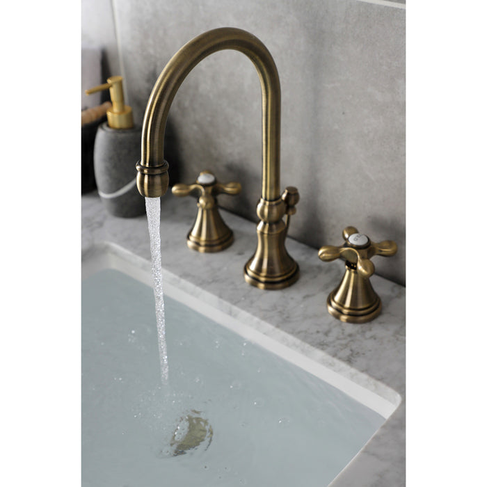 Kingston Tulare KS2983AX - Governor Two-Handle 3-Hole Deck Mount Widespread Bathroom Faucet with Brass Pop-Up, Antique Brass