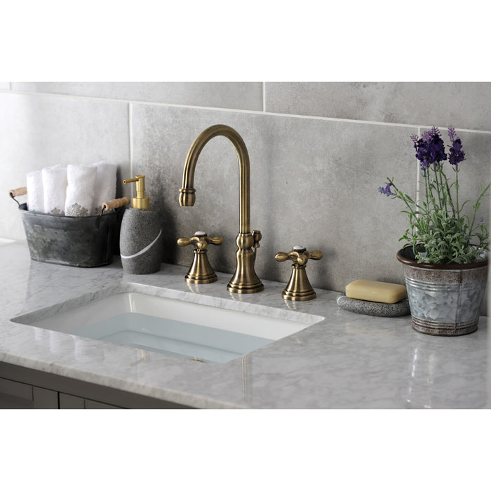 Kingston Tulare KS2983AX - Governor Two-Handle 3-Hole Deck Mount Widespread Bathroom Faucet with Brass Pop-Up, Antique Brass