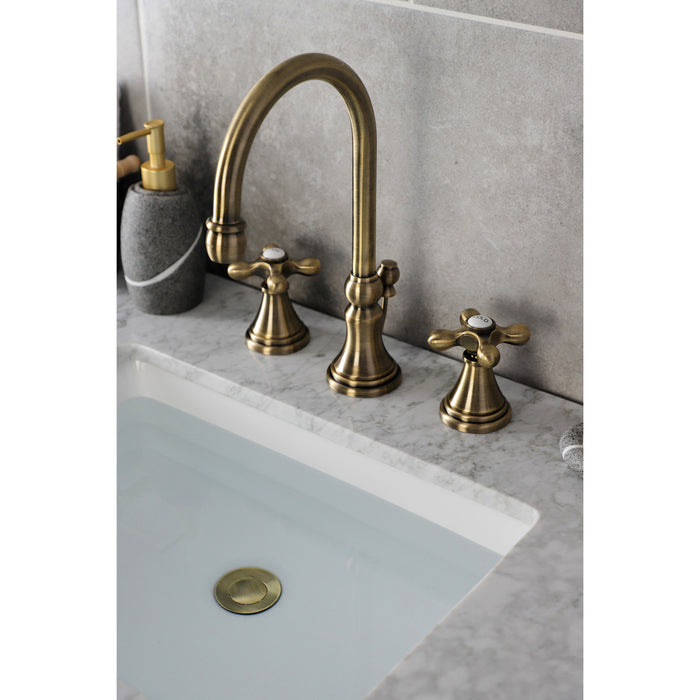 Kingston Tulare KS2983AX - Governor Two-Handle 3-Hole Deck Mount Widespread Bathroom Faucet with Brass Pop-Up, Antique Brass