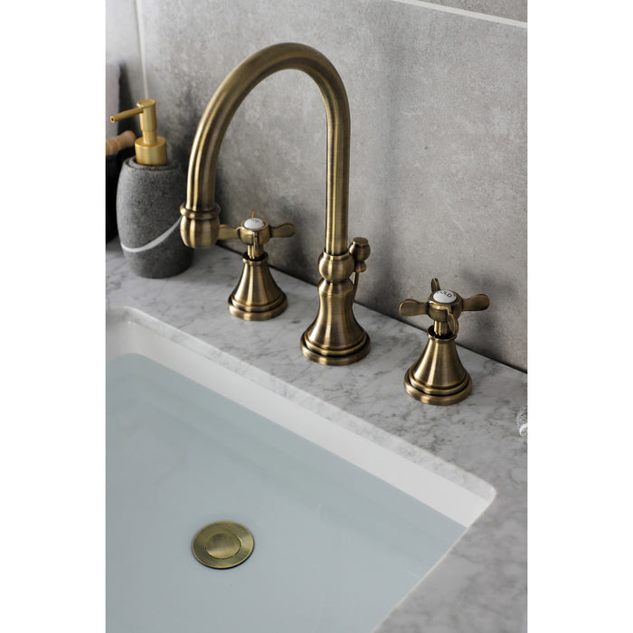 Kingston Tulare KS2983BEX - Essex Two-Handle 3-Hole Deck Mount Widespread Bathroom Faucet with Brass Pop-Up, Antique Brass