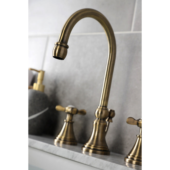 Kingston Tulare KS2983BEX - Essex Two-Handle 3-Hole Deck Mount Widespread Bathroom Faucet with Brass Pop-Up, Antique Brass