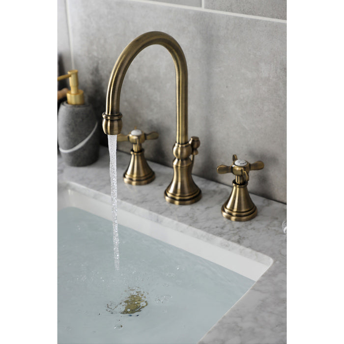 Kingston Tulare KS2983BEX - Essex Two-Handle 3-Hole Deck Mount Widespread Bathroom Faucet with Brass Pop-Up, Antique Brass