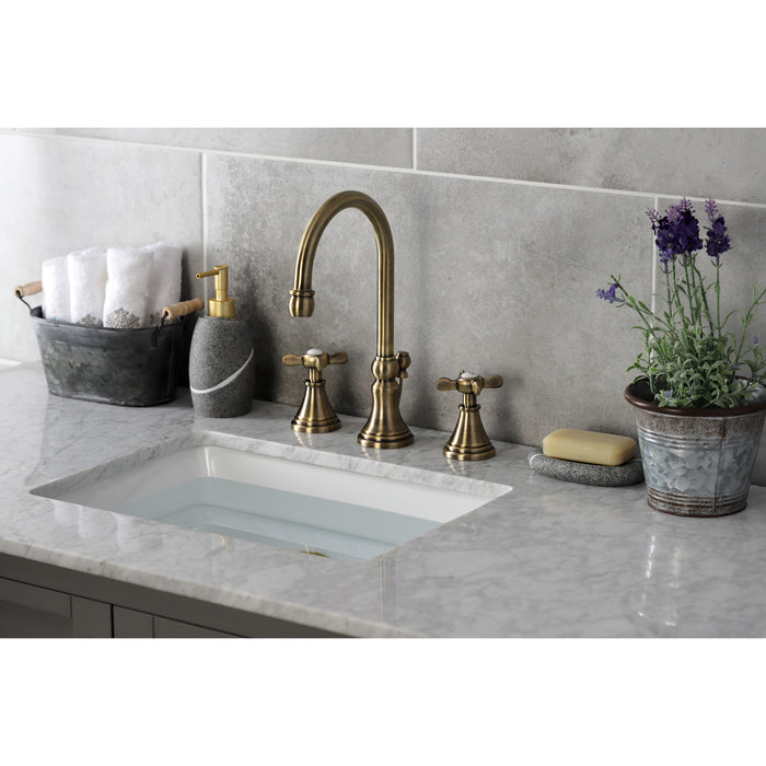 Kingston Tulare KS2983BEX - Essex Two-Handle 3-Hole Deck Mount Widespread Bathroom Faucet with Brass Pop-Up, Antique Brass