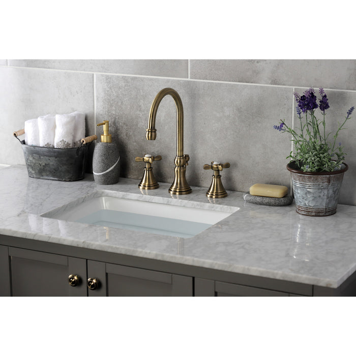 Kingston Tulare KS2983BEX - Essex Two-Handle 3-Hole Deck Mount Widespread Bathroom Faucet with Brass Pop-Up, Antique Brass