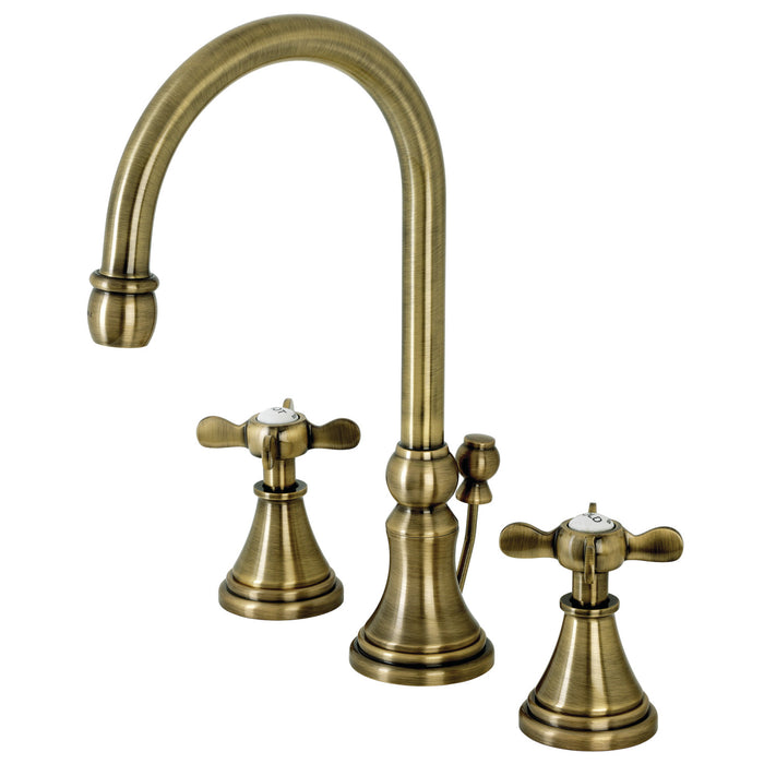 Kingston Tulare KS2983BEX - Essex Two-Handle 3-Hole Deck Mount Widespread Bathroom Faucet with Brass Pop-Up, Antique Brass