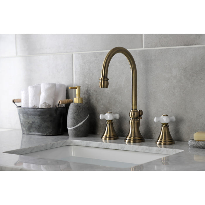 Governor KS2983PX Two-Handle 3-Hole Deck Mount Widespread Bathroom Faucet with Brass Pop-Up, Antique Brass