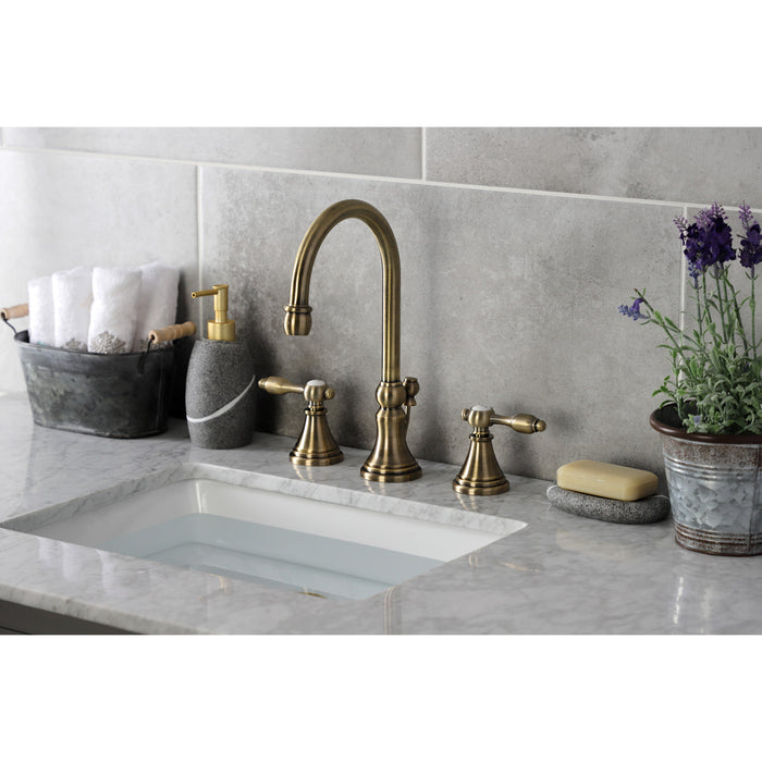 Tudor KS2983TAL Two-Handle 3-Hole Deck Mount Widespread Bathroom Faucet with Brass Pop-Up, Antique Brass