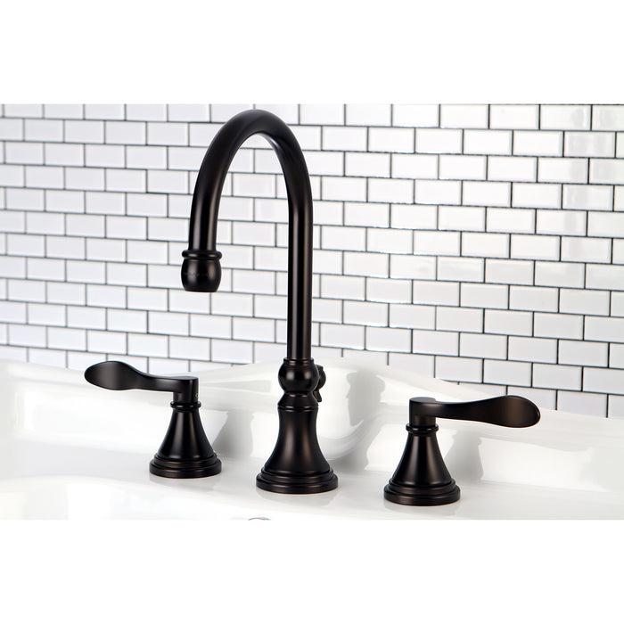 NuFrench KS2985DFL Two-Handle 3-Hole Deck Mount Widespread Bathroom Faucet with Brass Pop-Up, Oil Rubbed Bronze