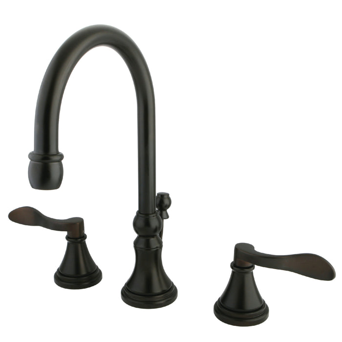 NuFrench KS2985DFL Two-Handle 3-Hole Deck Mount Widespread Bathroom Faucet with Brass Pop-Up, Oil Rubbed Bronze