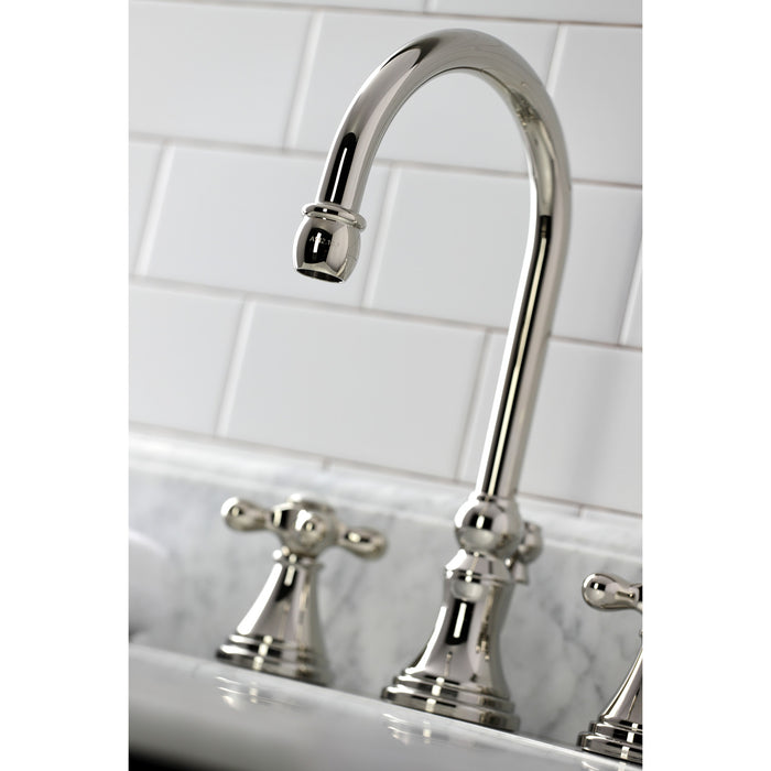 Kingston Tulare KS2986AX - Governor Two-Handle 3-Hole Deck Mount Widespread Bathroom Faucet with Brass Pop-Up, Polished Nickel