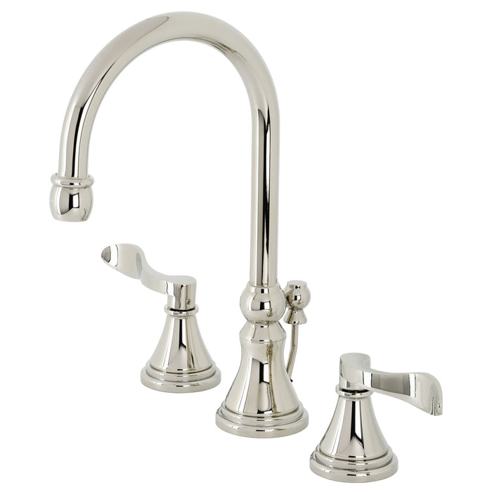 NuFrench KS2986DFL Two-Handle 3-Hole Deck Mount Widespread Bathroom Faucet with Brass Pop-Up, Polished Nickel