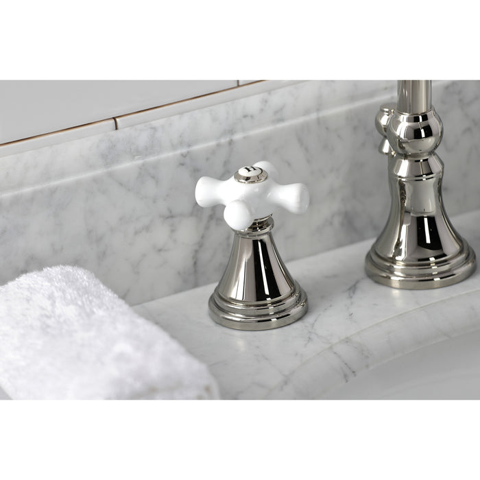 Kingston Tulare KS2986PX - Governor Two-Handle 3-Hole Deck Mount Widespread Bathroom Faucet with Brass Pop-Up, Polished Nickel