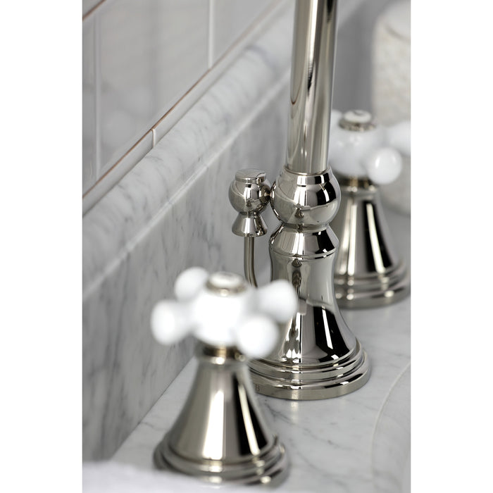 Kingston Tulare KS2986PX - Governor Two-Handle 3-Hole Deck Mount Widespread Bathroom Faucet with Brass Pop-Up, Polished Nickel