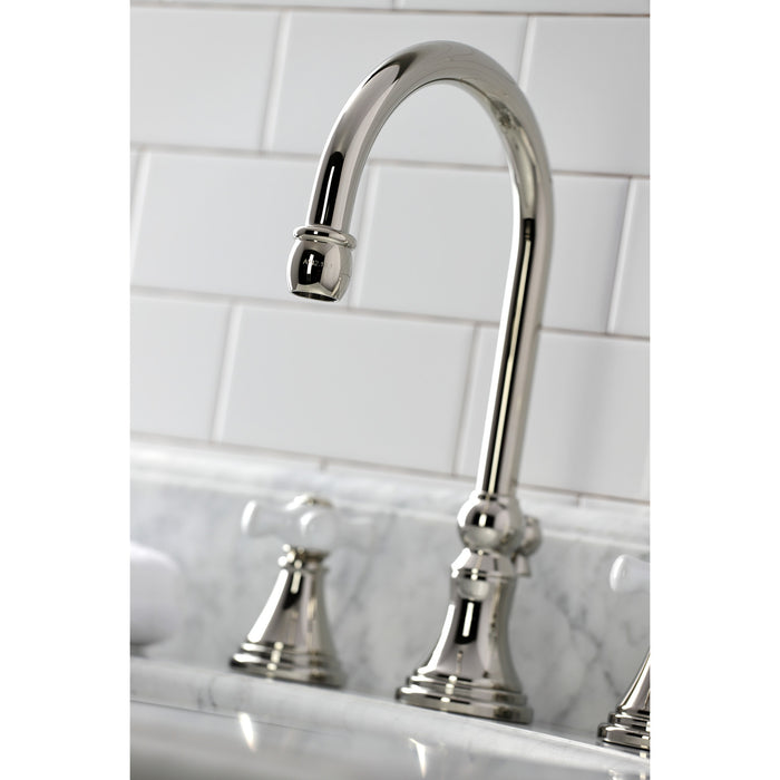 Kingston Tulare KS2986PX - Governor Two-Handle 3-Hole Deck Mount Widespread Bathroom Faucet with Brass Pop-Up, Polished Nickel