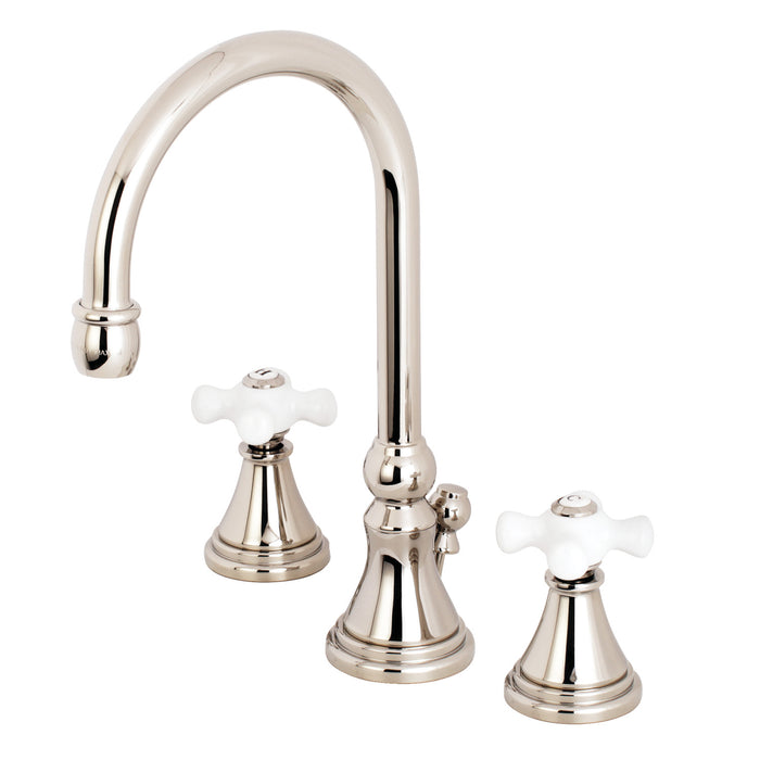 Kingston Tulare KS2986PX - Governor Two-Handle 3-Hole Deck Mount Widespread Bathroom Faucet with Brass Pop-Up, Polished Nickel