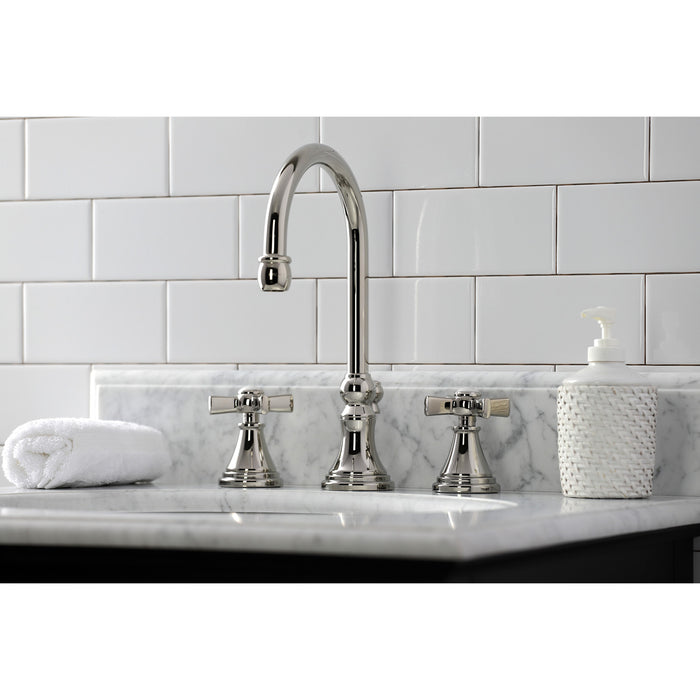 Kingston Tulare KS2986ZX - Millennium Two-Handle 3-Hole Deck Mount Widespread Bathroom Faucet with Brass Pop-Up, Polished Nickel