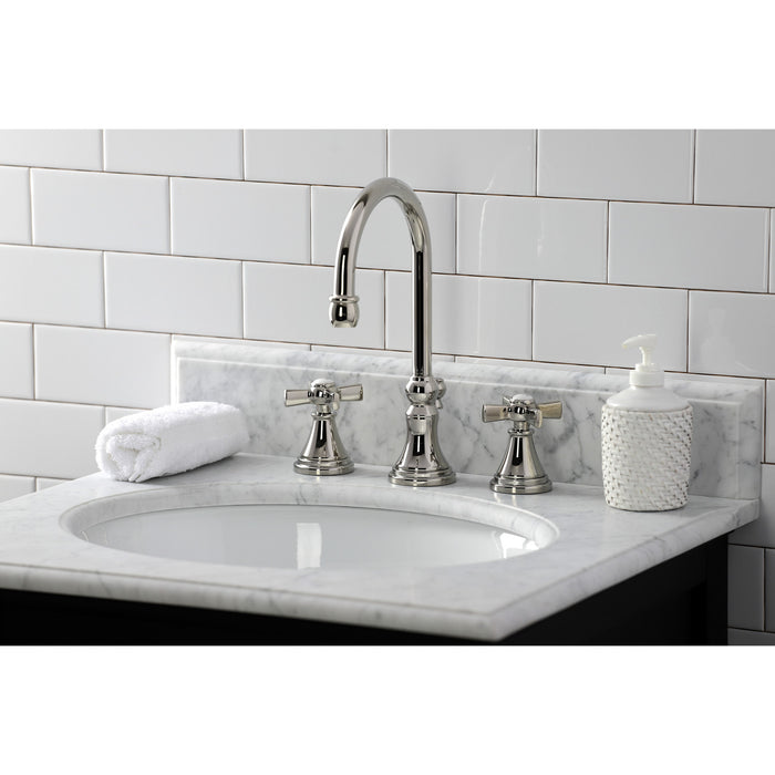 Kingston Tulare KS2986ZX - Millennium Two-Handle 3-Hole Deck Mount Widespread Bathroom Faucet with Brass Pop-Up, Polished Nickel
