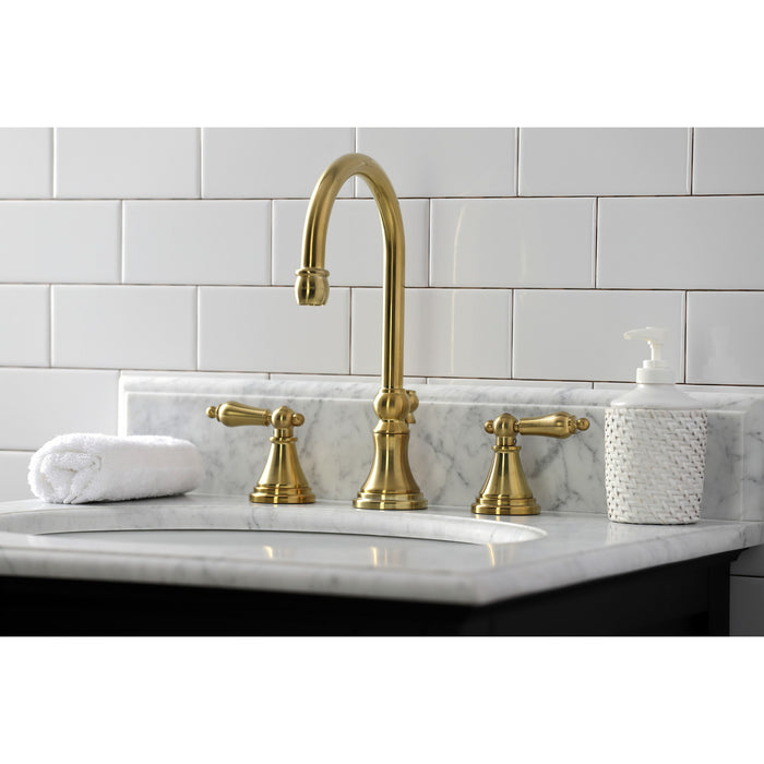 Governor KS2987AL Two-Handle 3-Hole Deck Mount Widespread Bathroom Faucet with Brass Pop-Up, Brushed Brass