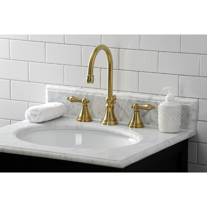 Governor KS2987AL Two-Handle 3-Hole Deck Mount Widespread Bathroom Faucet with Brass Pop-Up, Brushed Brass