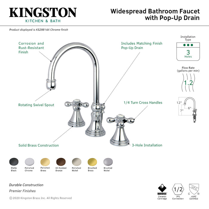 Kingston Tulare KS2987AX - Governor Two-Handle 3-Hole Deck Mount Widespread Bathroom Faucet with Brass Pop-Up, Brushed Brass