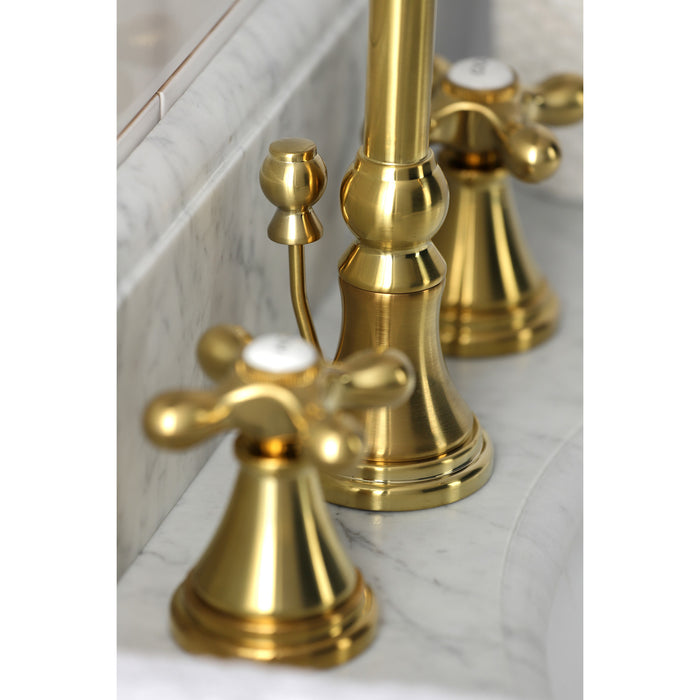 Kingston Tulare KS2987AX - Governor Two-Handle 3-Hole Deck Mount Widespread Bathroom Faucet with Brass Pop-Up, Brushed Brass