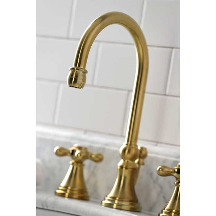 Kingston Tulare KS2987AX - Governor Two-Handle 3-Hole Deck Mount Widespread Bathroom Faucet with Brass Pop-Up, Brushed Brass