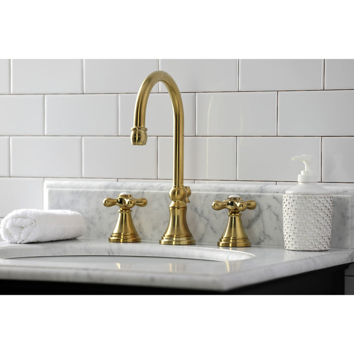 Governor KS2987AX Two-Handle 3-Hole Deck Mount Widespread Bathroom Faucet with Brass Pop-Up, Brushed Brass