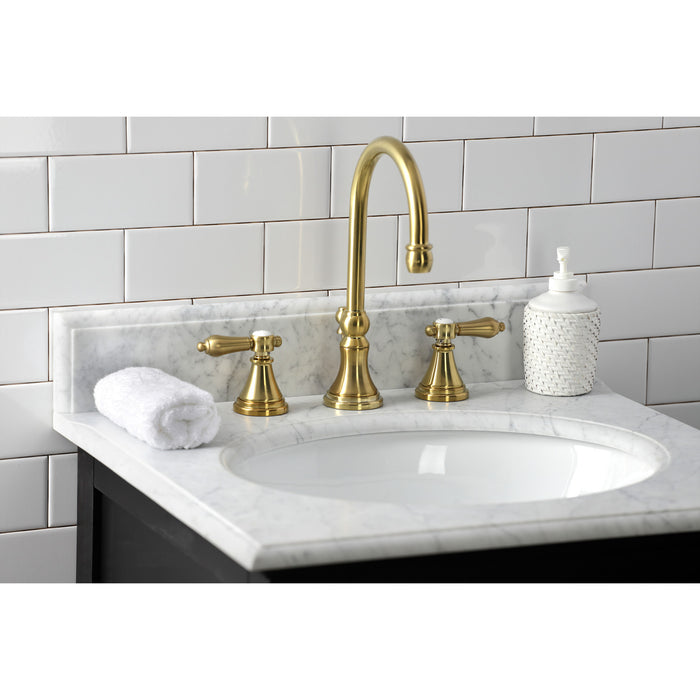 Heirloom KS2987BAL Two-Handle 3-Hole Deck Mount Widespread Bathroom Faucet with Brass Pop-Up, Brushed Brass