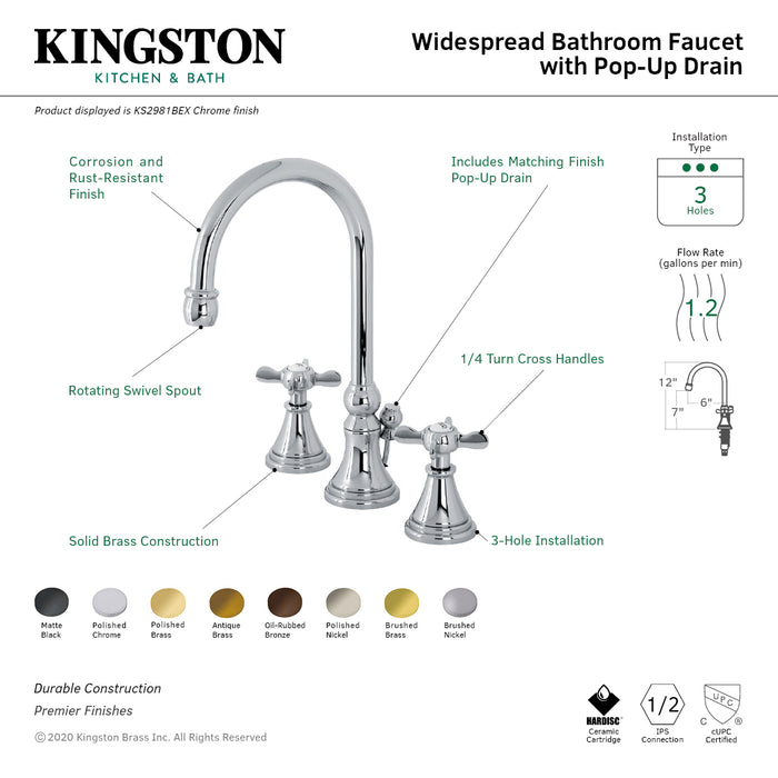 Essex KS2987BEX Two-Handle 3-Hole Deck Mount Widespread Bathroom Faucet with Brass Pop-Up, Brushed Brass