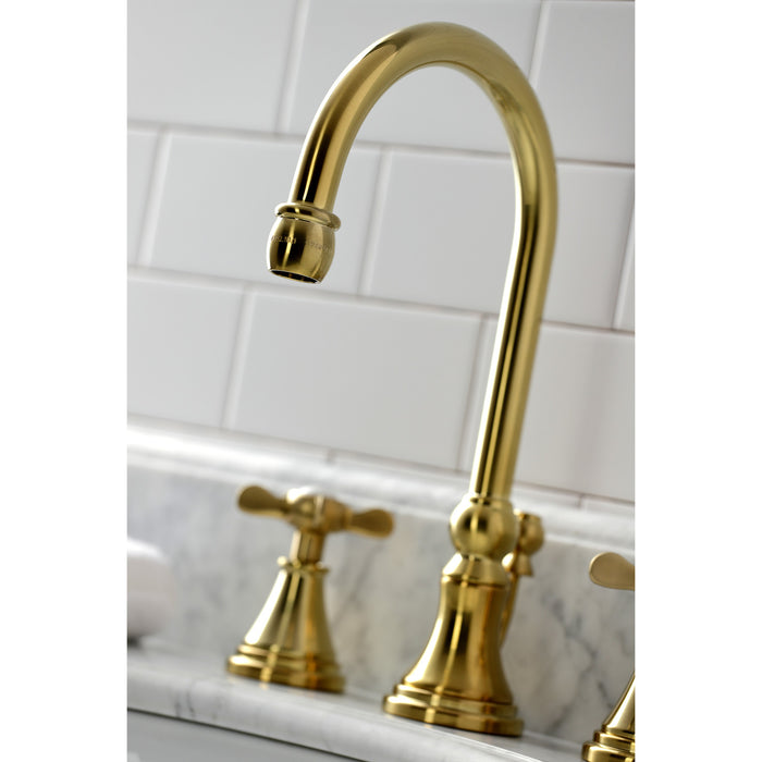 Essex KS2987BEX Two-Handle 3-Hole Deck Mount Widespread Bathroom Faucet with Brass Pop-Up, Brushed Brass