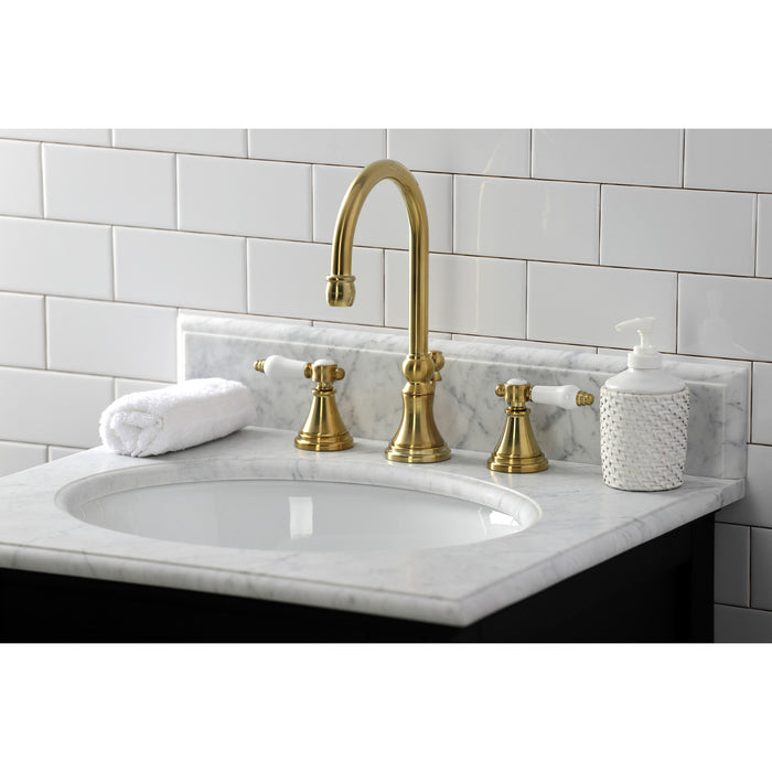 Bel-Air KS2987BPL Two-Handle 3-Hole Deck Mount Widespread Bathroom Faucet with Brass Pop-Up, Brushed Brass