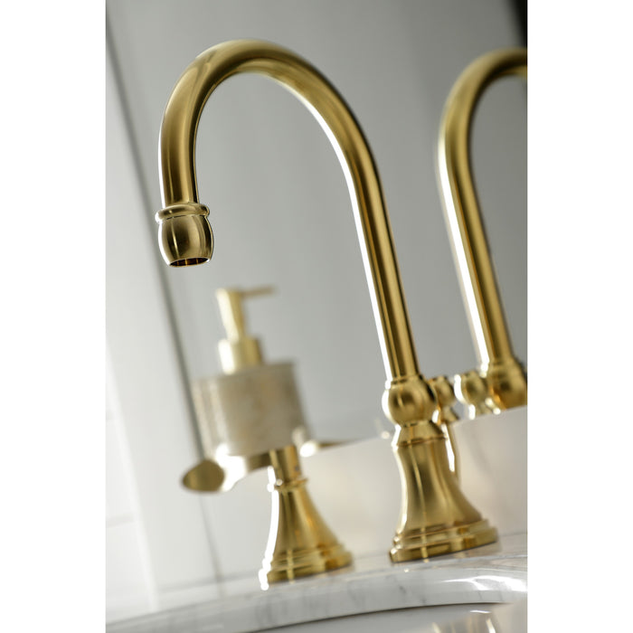 NuFrench KS2987DFL Two-Handle 3-Hole Deck Mount Widespread Bathroom Faucet with Brass Pop-Up, Brushed Brass