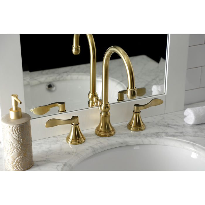 NuFrench KS2987DFL Two-Handle 3-Hole Deck Mount Widespread Bathroom Faucet with Brass Pop-Up, Brushed Brass