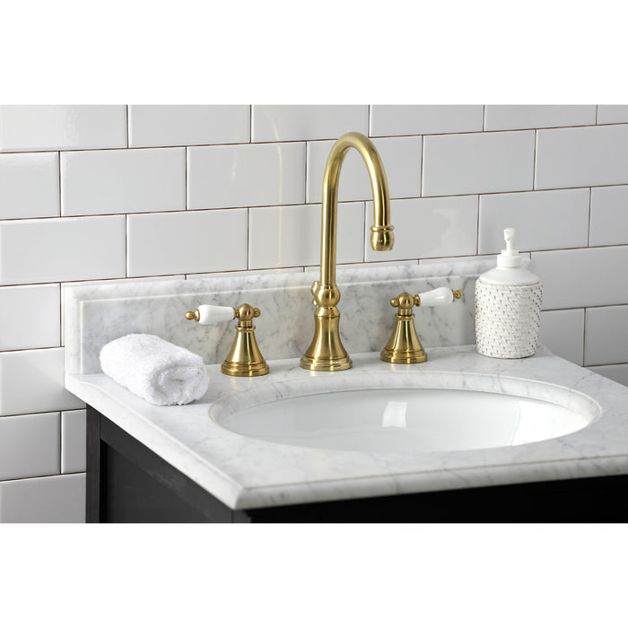 Governor KS2987PL Two-Handle 3-Hole Deck Mount Widespread Bathroom Faucet with Brass Pop-Up, Brushed Brass