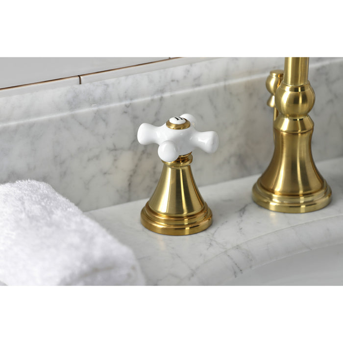 Kingston Tulare KS2987PX - Governor Two-Handle 3-Hole Deck Mount Widespread Bathroom Faucet with Brass Pop-Up, Brushed Brass