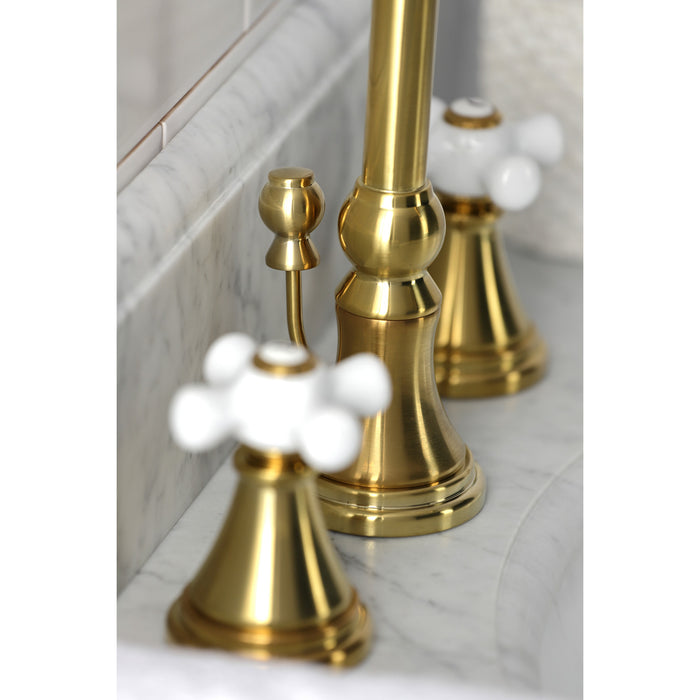 Kingston Tulare KS2987PX - Governor Two-Handle 3-Hole Deck Mount Widespread Bathroom Faucet with Brass Pop-Up, Brushed Brass