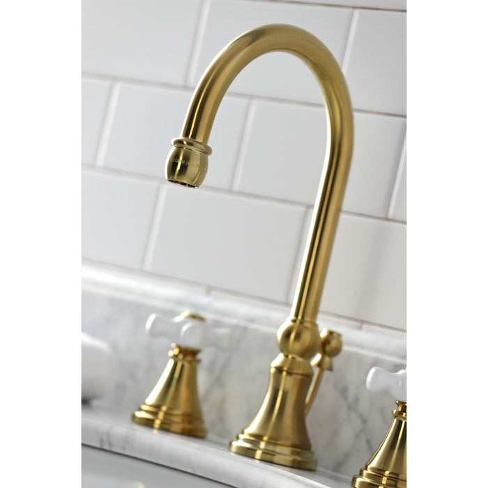 Kingston Tulare KS2987PX - Governor Two-Handle 3-Hole Deck Mount Widespread Bathroom Faucet with Brass Pop-Up, Brushed Brass