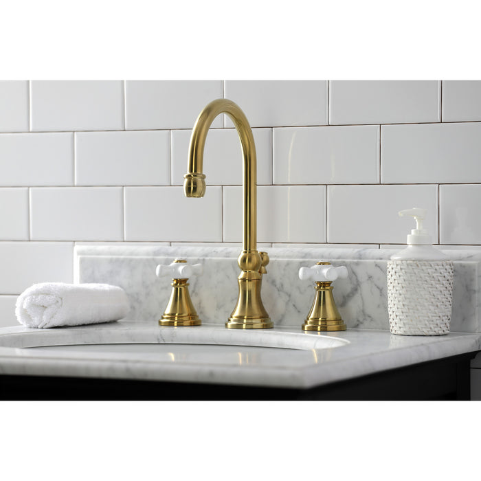 Kingston Tulare KS2987PX - Governor Two-Handle 3-Hole Deck Mount Widespread Bathroom Faucet with Brass Pop-Up, Brushed Brass
