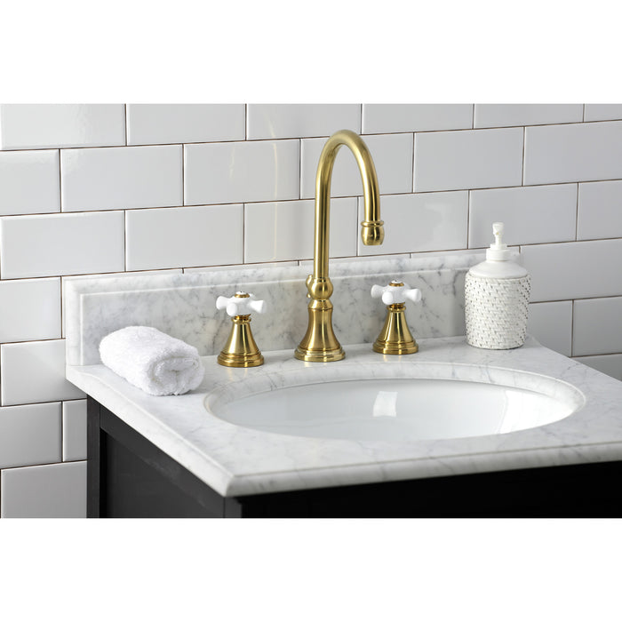 Kingston Tulare KS2987PX - Governor Two-Handle 3-Hole Deck Mount Widespread Bathroom Faucet with Brass Pop-Up, Brushed Brass