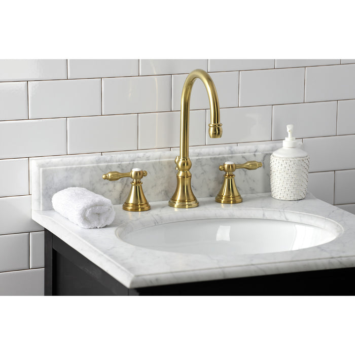 Tudor KS2987TAL Two-Handle 3-Hole Deck Mount Widespread Bathroom Faucet with Brass Pop-Up, Brushed Brass