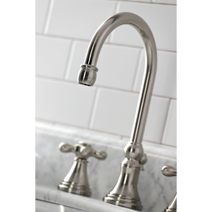 Kingston Tulare KS2988AX - Governor Two-Handle 3-Hole Deck Mount Widespread Bathroom Faucet with Brass Pop-Up, Brushed Nickel