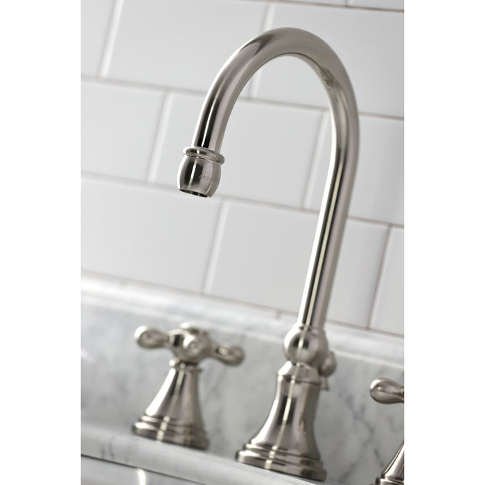 Governor KS2988AX Two-Handle 3-Hole Deck Mount Widespread Bathroom Faucet with Brass Pop-Up, Brushed Nickel