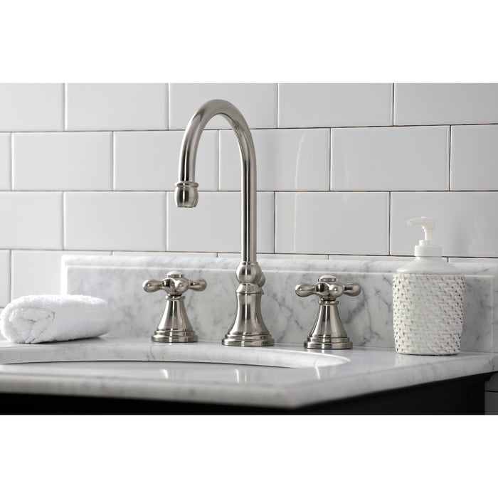 Kingston Tulare KS2988AX - Governor Two-Handle 3-Hole Deck Mount Widespread Bathroom Faucet with Brass Pop-Up, Brushed Nickel