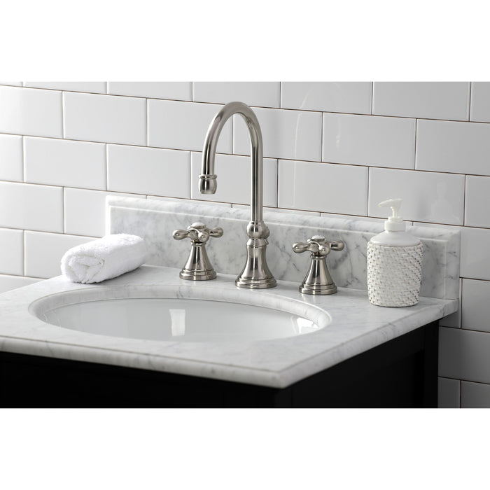 Kingston Tulare KS2988AX - Governor Two-Handle 3-Hole Deck Mount Widespread Bathroom Faucet with Brass Pop-Up, Brushed Nickel