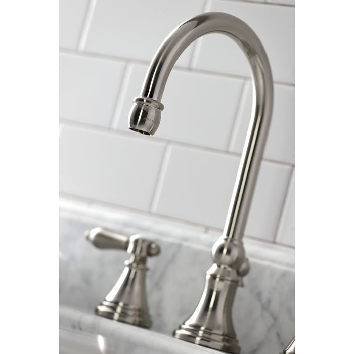Heirloom KS2988BAL Two-Handle 3-Hole Deck Mount Widespread Bathroom Faucet with Brass Pop-Up, Brushed Nickel