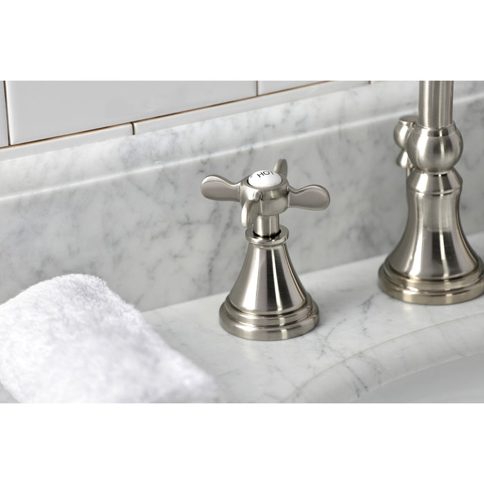 Essex KS2988BEX Two-Handle 3-Hole Deck Mount Widespread Bathroom Faucet with Brass Pop-Up, Brushed Nickel