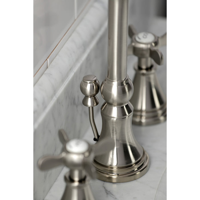 Essex KS2988BEX Two-Handle 3-Hole Deck Mount Widespread Bathroom Faucet with Brass Pop-Up, Brushed Nickel